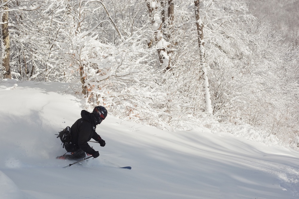 powder skiing with a helmet